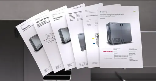 Ein Set aus sechs überlappenden technischen Produktdokumenten mit Diagrammen und Abbildungen von VEX-Lüftungsgeräten, ausgelegt auf einem dunklen Untergrund.