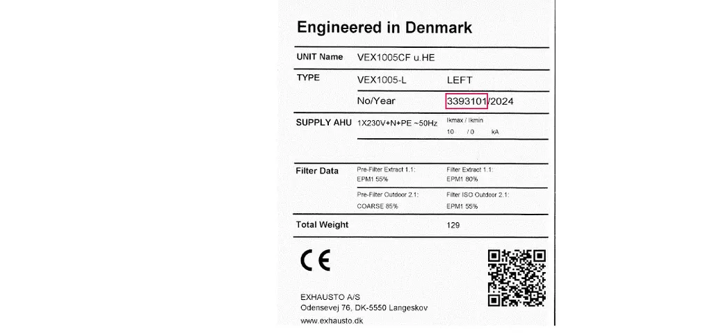Typenschild EXHAUSTO Lüftungsgerät mit PO-Nummer