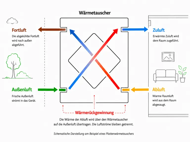 Funktionsprinzip der Wärmerückgewinnung mit Außenluft, Zuluft, Abluft und Fortluft