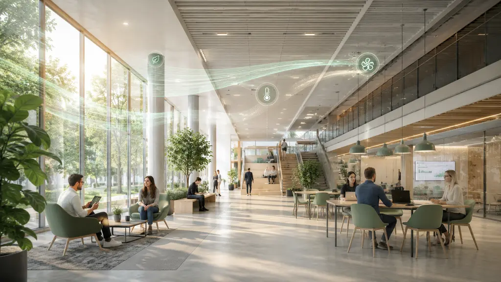 Modernes Bürogebäude mit visualisiertem Luftstrom, Sensorik und Gebäudeautomation für intelligente Lüftung, Raumluftqualität und Energieeffizienz