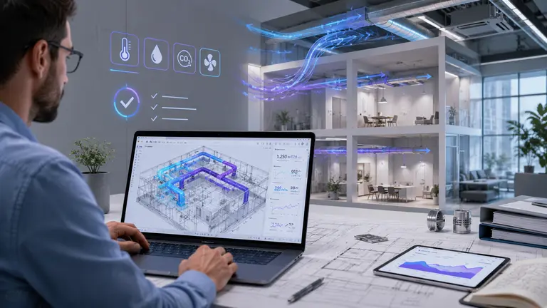 Ingenieur plant die Auslegung einer Lüftungsanlage am Laptop, mit digitalem Gebäudemodell, Luftstromvisualisierung und technischen Kennzahlen zur Lüftungsplanung.
