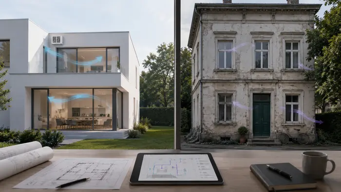 Vergleich von Neubau und Altbau bei der Lüftungsplanung, links ein modernes dichtes Gebäude mit kontrollierter Lüftung, rechts ein älteres Bestandsgebäude mit natürlicher Infiltration.