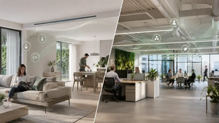 Split-Screen-Motiv mit modernem Wohnraum und Bürobereich, dezenten Luftstromlinien und Icons für intelligente Lüftung, Raumluftqualität und Energieeffizienz.