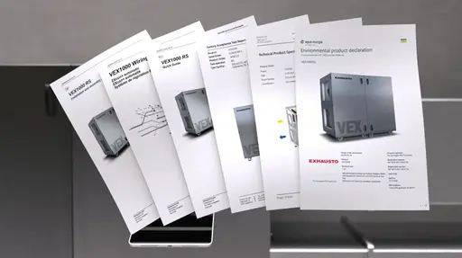 Mehrere technische Unterlagen – darunter Installations-, Verdrahtungs- und Produktspezifikationen für ein VEX1000-RS-Gerät – sind fächerförmig auf einer grauen Oberfläche ausgebreitet.