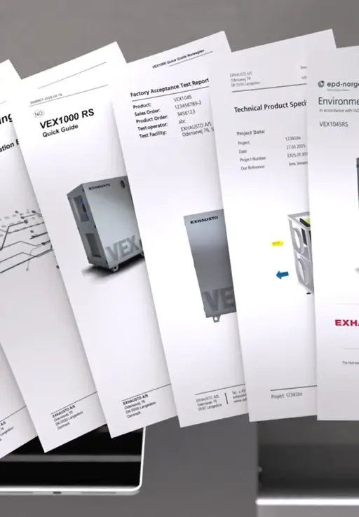 Mehrere technische Unterlagen – darunter Installations-, Verdrahtungs- und Produktspezifikationen für ein VEX1000-RS-Gerät – sind fächerförmig auf einer grauen Oberfläche ausgebreitet.