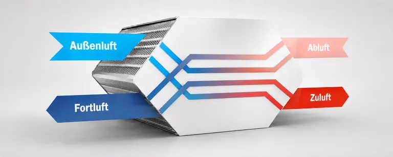 Funktionsprinzip eines Gegenstromwärmetauschers mit getrennten Luftströmen für Außenluft, Zuluft, Abluft und Fortluft.