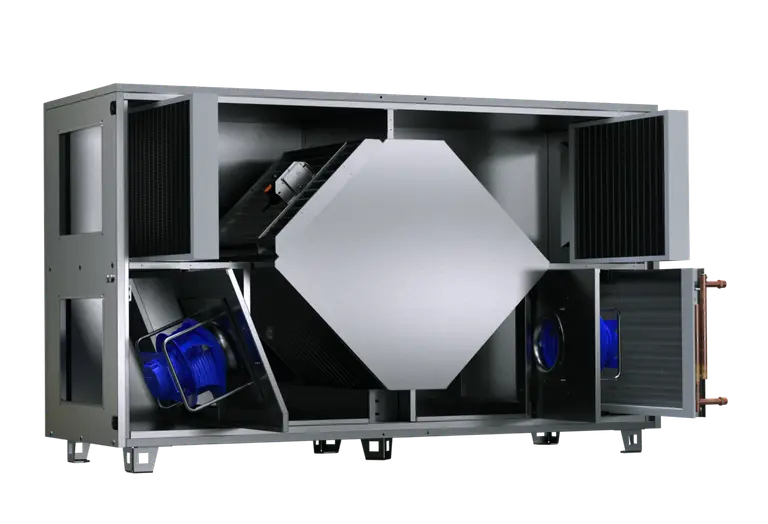 Industrial air handling unit with open panels revealing internal components, including fans and filters.