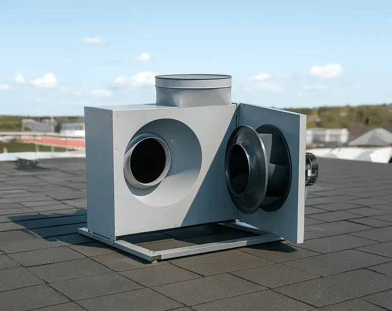 EXHAUSTO Boxventilator BESB geöffnet auf einem Dach