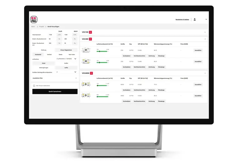 Computer Mockup mit Geräteauswahlmaske von EXselectPRO Auslegungsprogramm von EXHAUSTO