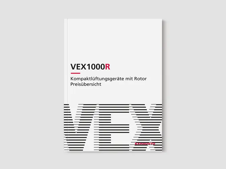 Titelblatt eines Katalogs mit dem Titel „VEX1000R Kompaktlüftungsgeräte mit Rotor Preisübersicht“ mit fettgedrucktem „VEX“-Text am unteren Rand.