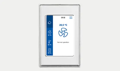 Ein an der Wand montiertes EXcon Touchscreen-Thermostat, das 20,5 °C anzeigt, mit Symbolen für Lüfter und Betriebsmodus sowie einer Seitenleiste für die Lüftereinstellungen.