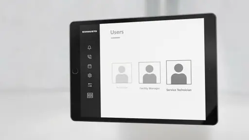 Tablet mit der EXHAUSTO Inbetriebnahmeoberfläche für Servicetechniker.