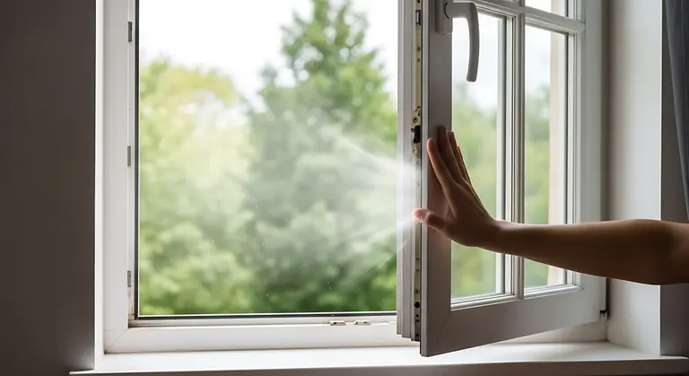 A hand opening a white window, letting in bright light with a blurred view of green trees outside.