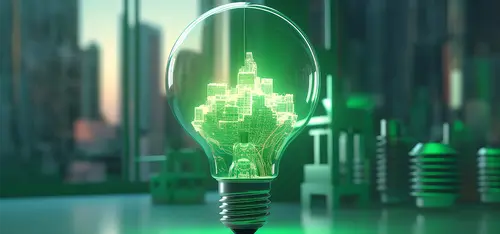 Green light bulb with city inside