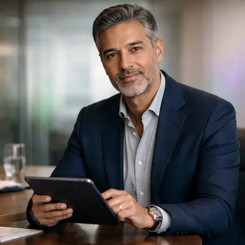 Board director in a business suit reviewing documents on a tablet before a meeting.