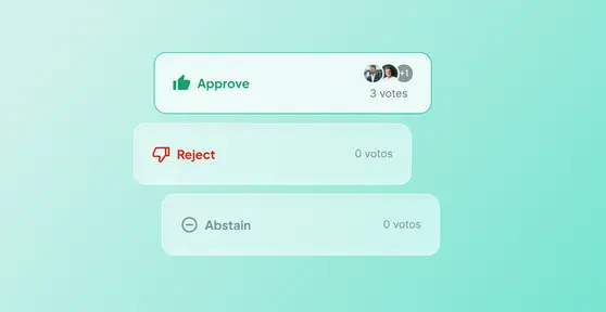 Atlas Gov voting results showing Approve selected with 3 votes, Reject with 0 votes, and Abstain with 0 votes, over a teal background.