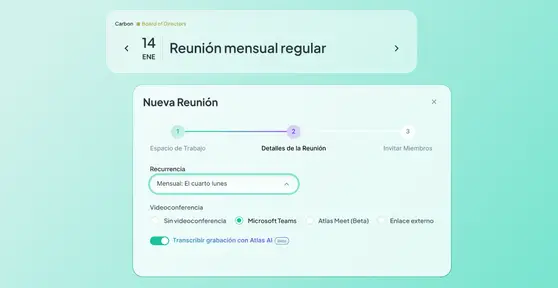 Interfaz del Constructor de Agenda de AtlasGov mostrando el formulario de nueva reunión con opciones de recurrencia mensual, videoconferencia y transcripción automática con Atlas AI.