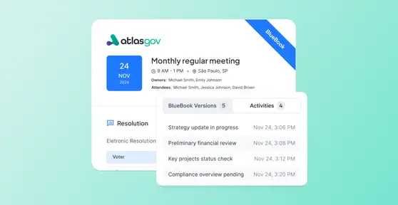 Atlas Gov Bluebook cover for a November 2024 monthly meeting, displaying meeting details, resolution section, 5 BlueBook versions, and 4 recent activities.