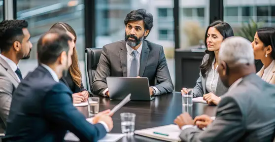 Diverse group of executives in business attire engaged in a boardroom discussion around a conference table with laptops and documents.