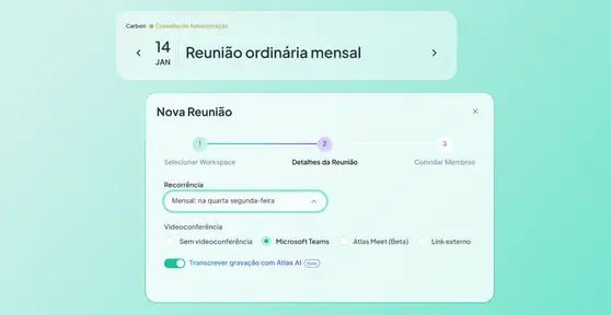 Tela do Atlas Gov criando uma reunião recorrente mensal com integração de videoconferência e transcrição pelo Atlas AI.