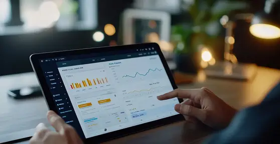 Person interacting with a tablet displaying a financial dashboard with bar charts and trend lines in a dimly lit office setting.