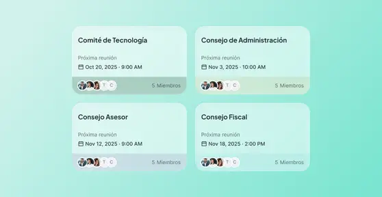 Vista de gestión multiboard de AtlasGov mostrando cuatro consejos: Comité de Tecnología, Consejo de Administración, Consejo Asesor y Consejo Fiscal, cada uno con fecha de próxima reunión y 5 miembros.