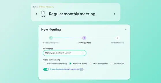 Atlas Gov New Meeting dialog at step 2, showing monthly recurrence, Microsoft Teams video conferencing selected, and Atlas AI transcription toggle enabled, over a teal background.