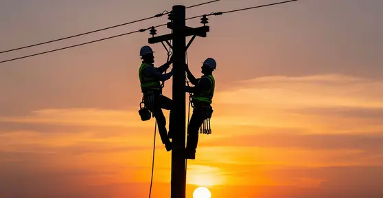Eletricistas trabalhando em um poste de alta tensão ao pôr do sol.