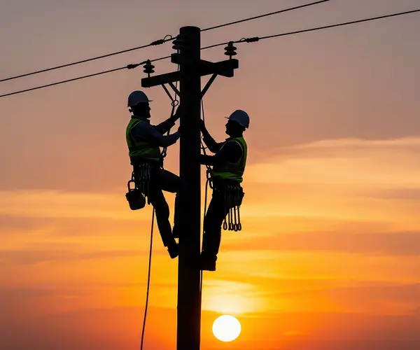 Eletricistas trabalhando em um poste de alta tensão ao pôr do sol.