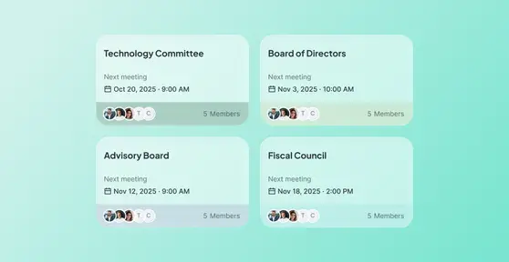 Four board cards in Atlas Gov showing Technology Committee, Board of Directors, Advisory Board, and Fiscal Council, each with next meeting dates and 5 members.