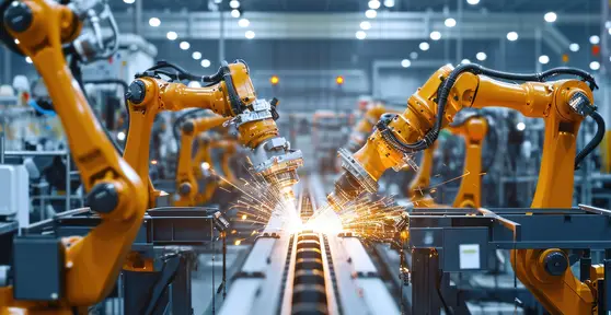 Orange industrial robotic arms welding on an automated assembly line, producing bright sparks inside a factory.