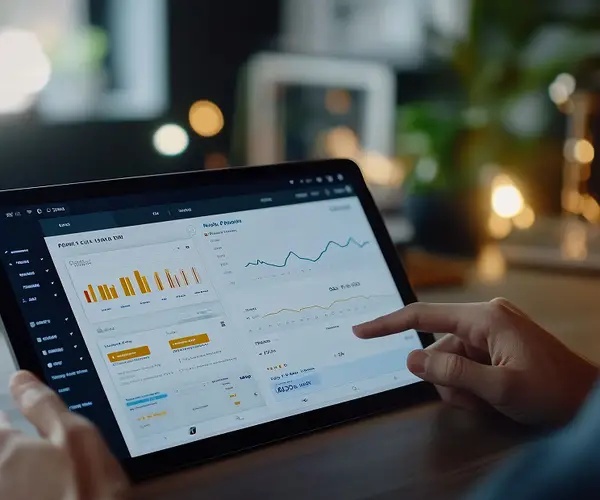 Mãos segurando um tablet com um dashboard financeiro exibindo gráficos e indicadores.