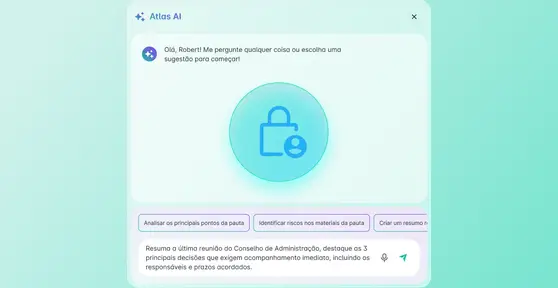 Interface do Atlas AI com ícone de cadeado, destacando segurança e privacidade dos dados do conselho.