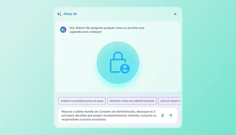 Interface do Atlas AI com ícone de cadeado, destacando segurança e privacidade dos dados do conselho.