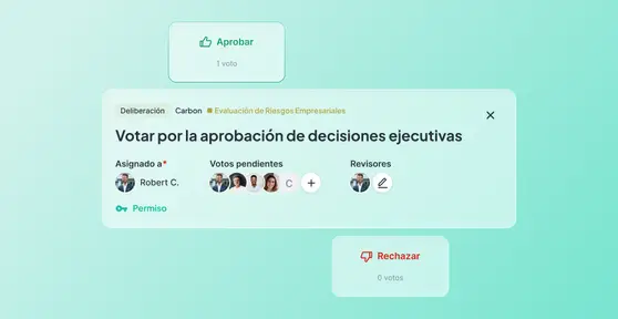 Panel de deliberación de AtlasGov para votar la aprobación de decisiones ejecutivas, con opciones de aprobar y rechazar, votos pendientes y revisores asignados.