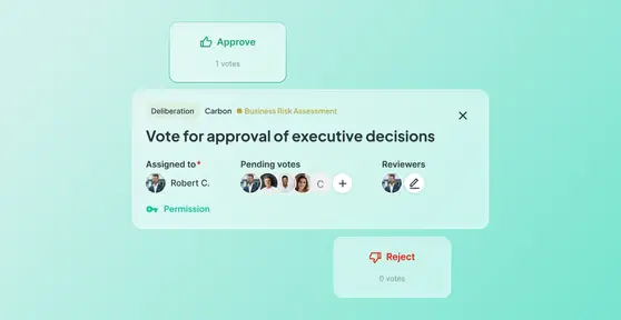 Atlas Gov deliberation panel for a Business Risk Assessment vote, showing Approve with 1 vote, Reject with 0 votes, assigned voters, and pending votes.