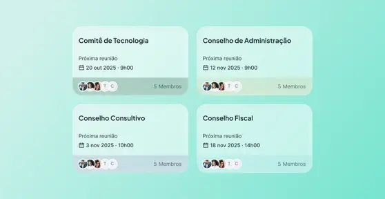 Painel do Atlas Gov com cards de múltiplos órgãos de governança (Conselho de Administração, Consultivo, Fiscal e Comitê de Tecnologia) e suas próximas reuniões.