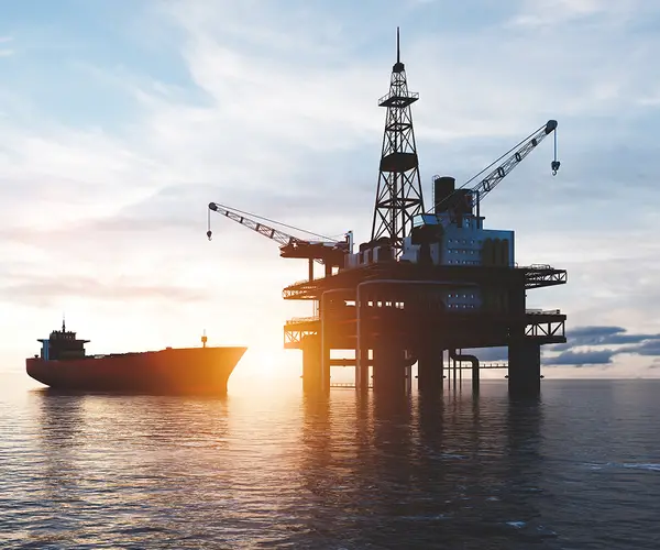 Plataforma de petróleo no mar ao lado de um navio-tanque, com o sol se pondo ao fundo.