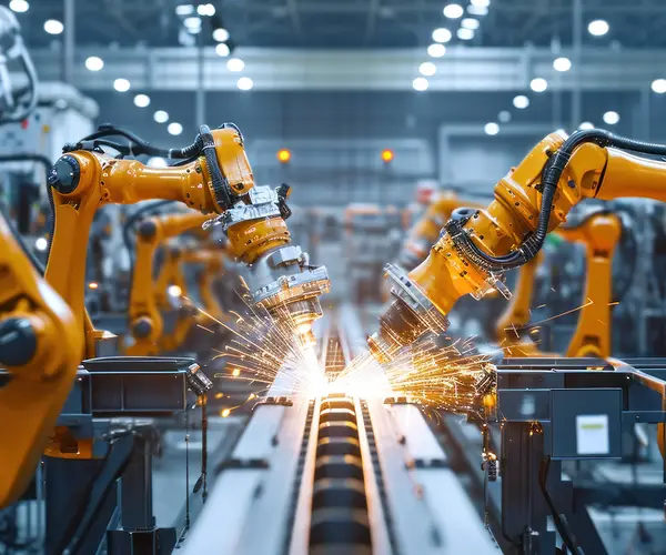 Braços robóticos soldando peças em uma linha de produção industrial automatizada.