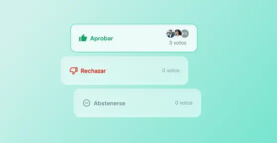 Tarjetas de votación de AtlasGov con las opciones Aprobar (3 votos), Rechazar (0 votos) y Abstenerse (0 votos).