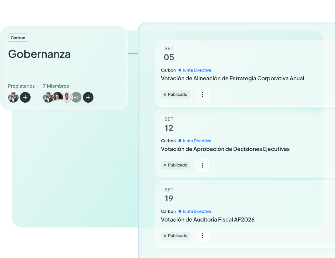 Espacio de Gobernanza en Atlas con lista de deliberaciones publicadas de la Junta Directiva en septiembre, incluyendo votaciones de estrategia corporativa, decisiones ejecutivas y auditoría fiscal.