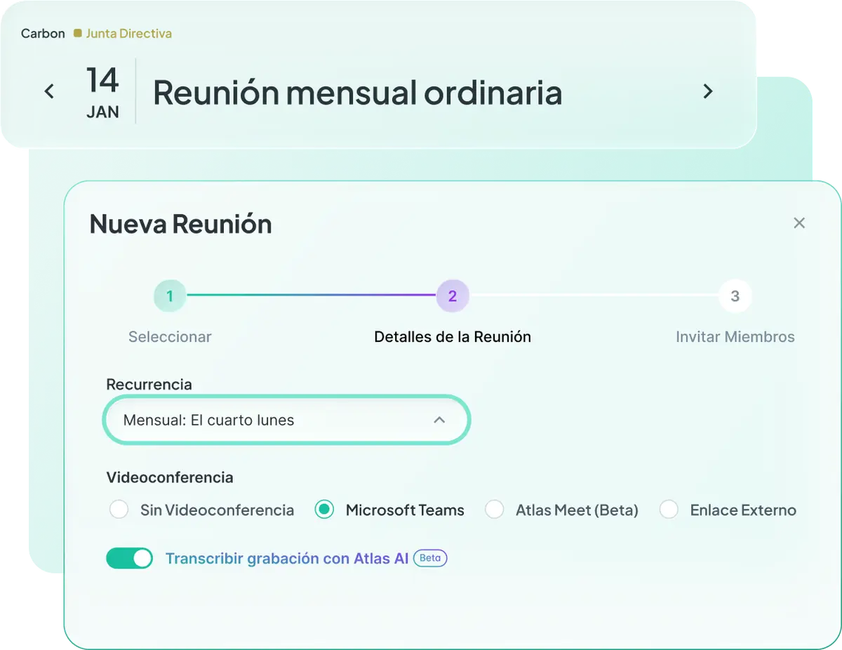 Formulario de creación de nueva reunión en Atlas con configuración de recurrencia mensual, integración con Microsoft Teams y opción de transcripción automática con Atlas AI.