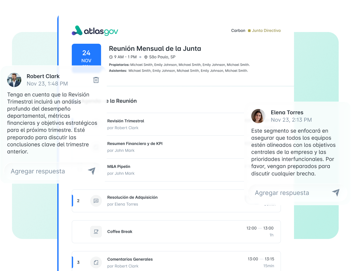 Bluebook de la Reunión Mensual de la Junta con comentarios previos de Robert Clark y Elena Torres sobre los puntos de agenda, contextualizando expectativas y alineación estratégica antes de la reunión.