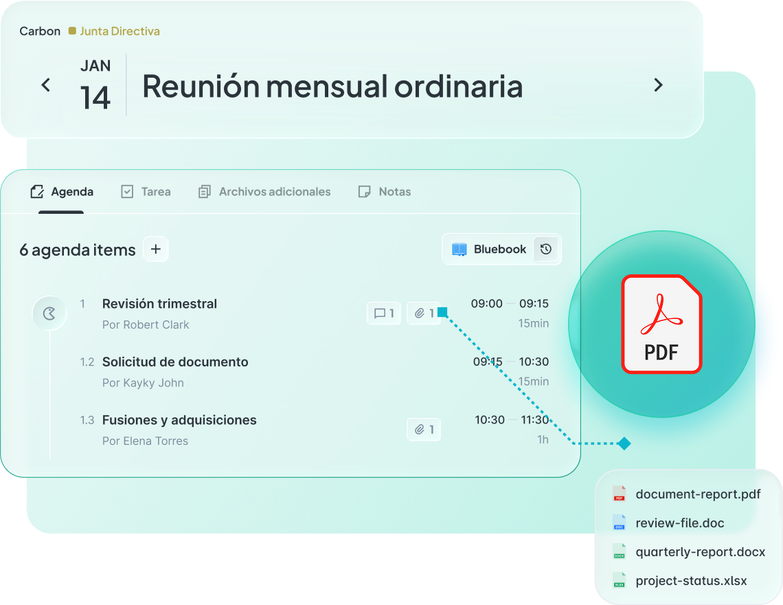 Interfaz del Agenda Builder de Atlas mostrando una reunión mensual ordinaria con 6 puntos en la agenda, tiempos asignados por presentador y archivos adjuntos como PDF, DOC y XLSX vinculados a cada punto.