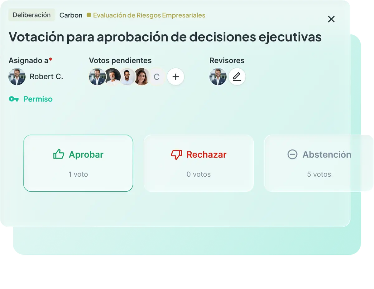 Modal de votación para aprobación de decisiones ejecutivas en Atlas con opciones de aprobar, rechazar y abstención, mostrando 1 voto a favor y 5 abstenciones con votos pendientes de varios miembros.