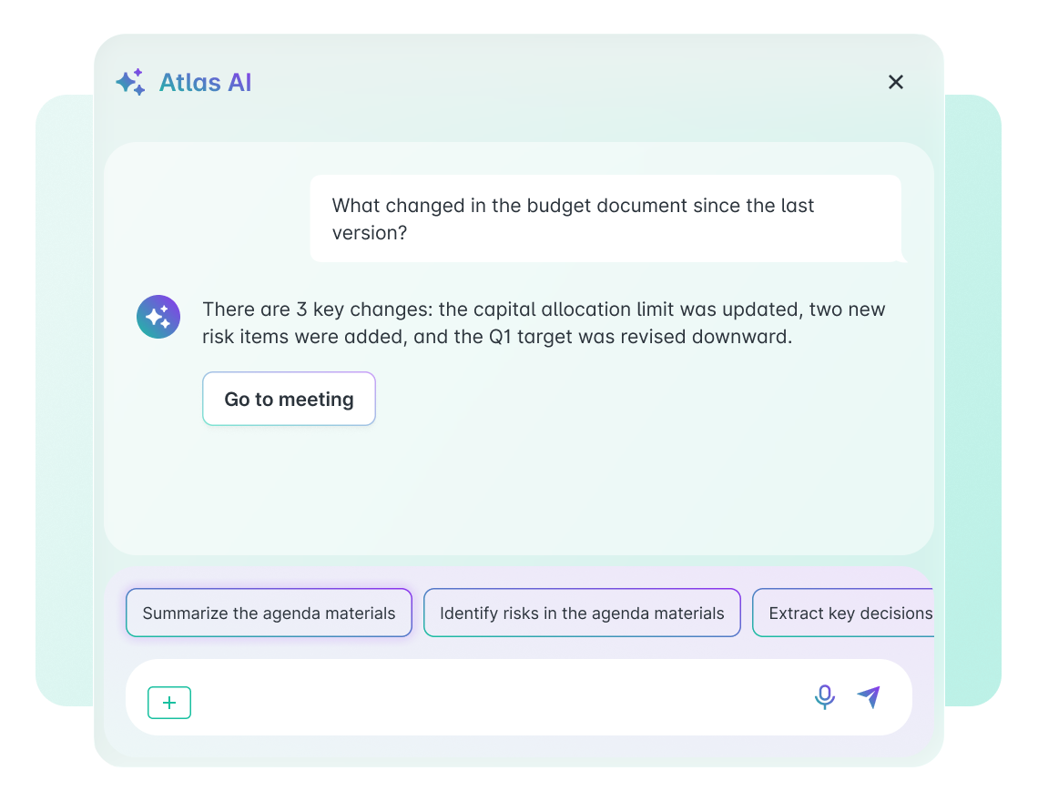 Atlas AI chat interface showing a document comparison response highlighting key changes between budget versions, with suggested prompt chips for summarizing and identifying risks.