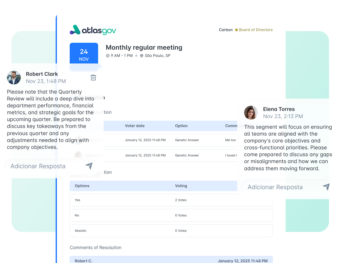 Atlas Gov Bluebook interface showing board member annotations, comment threads, and a voting table within a monthly meeting document.