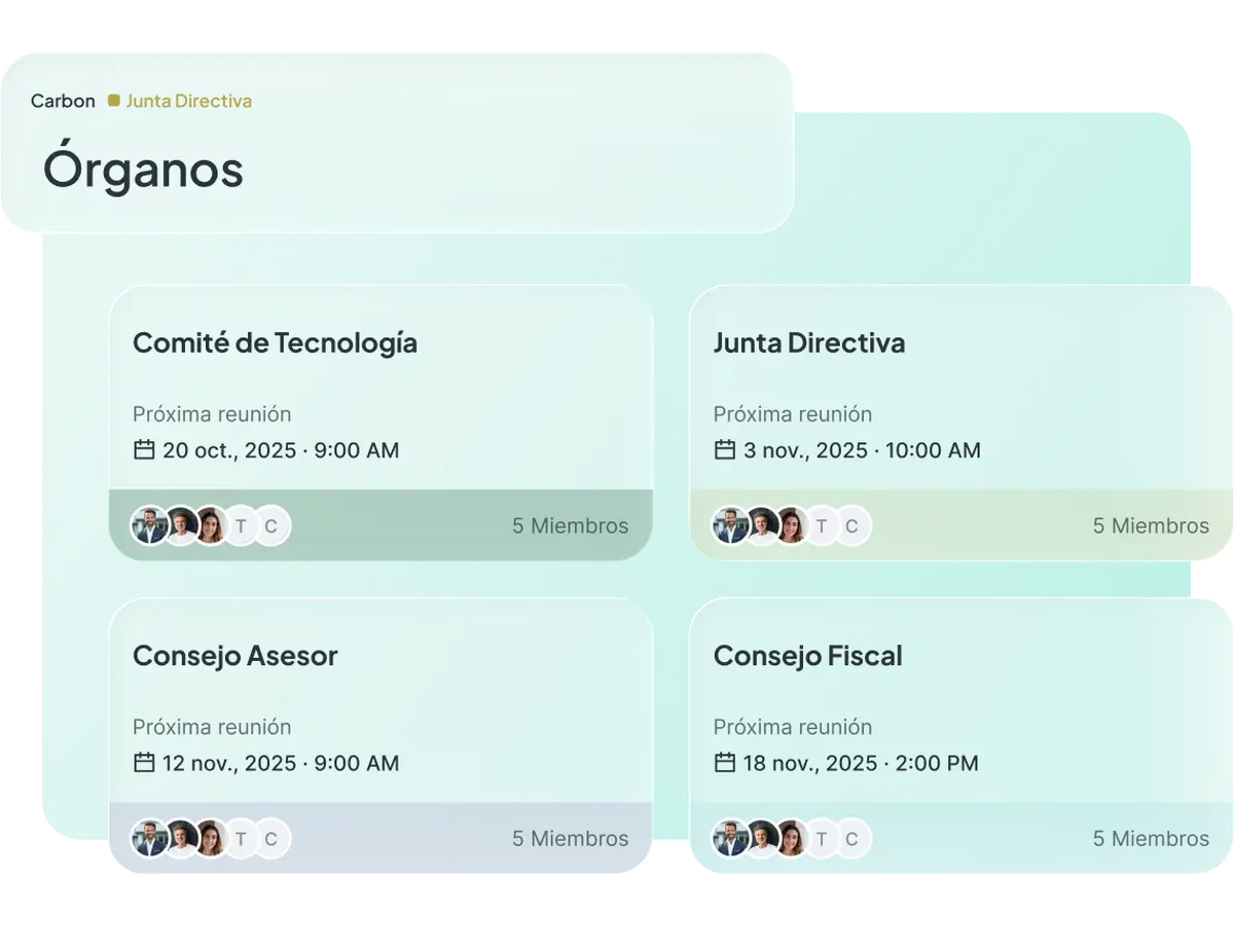 Panel de Órganos en Atlas mostrando cuatro boards activos de la Junta Directiva —Comité de Tecnología, Junta Directiva, Consejo Asesor y Consejo Fiscal— con fechas de próxima reunión y miembros asignados.