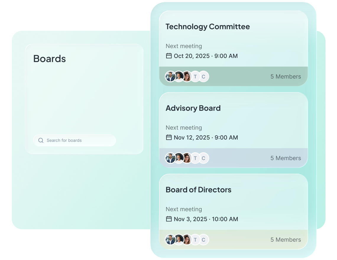 Atlas Gov Boards panel showing three governance bodies — Technology Committee, Advisory Board, and Board of Directors — with next meeting dates and member counts, ready for configuration.