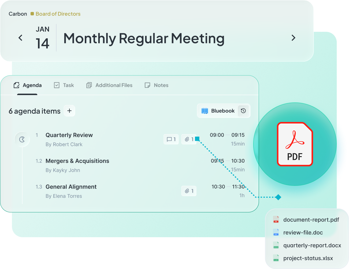 Atlas Gov Agenda Builder interface showing a structured monthly meeting agenda with topics, time slots, attached PDF documents, and file imports.